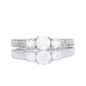 0.85CTW Natural Diamond Three Stone Double Row Micro Pave Shoulders