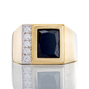 Rectangle Cut Black Onyx Beaded Accents Horizontal Set CZ Side Ring