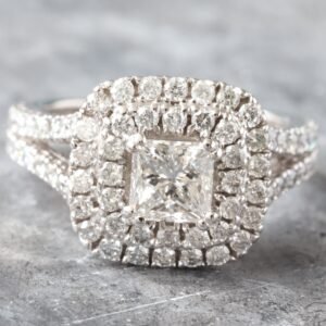 2.00CTW Princess Cut Diamond with Double Cushion Halo and Split Pave Shoulders Ring