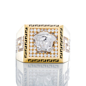 Medusa on CZ Square Top Beveled Greek Key Ring