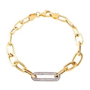 Two Tone CZ Channel Set Paper Clip on Oval Link