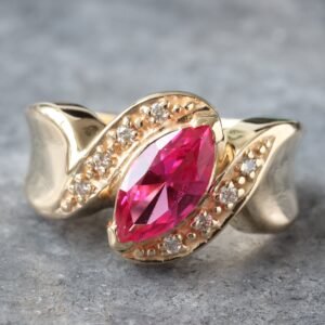 Synthetic Ruby Marquise with Small Prog Set 0.04CT Diamonds Ring