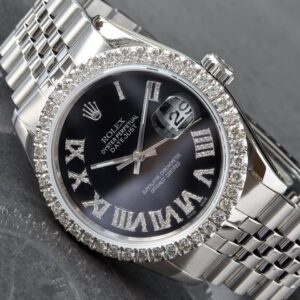 Rolex Datejust 36mm Custom Black Roman Diamond Dial and Custom Diamond Bezel Steel Watch