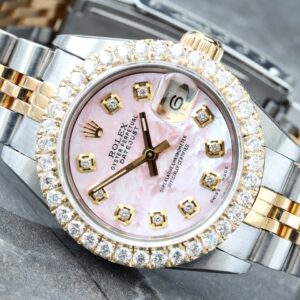 Rolex Datejust 26mm Custom Pink Mother of Pearl Diamond Dial Custom Diamond Bezel 18/Steel Watch