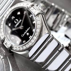 Omega Constellation Mini 22MM Diamond Bezel Black Dial Lady's Steel Watch