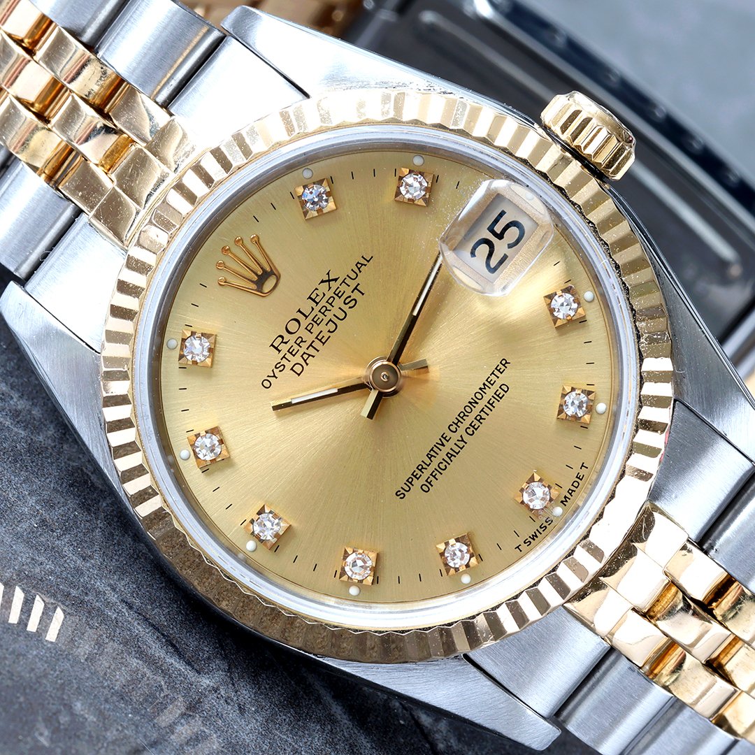 Rolex Datejust 31 Factory Champagne Diamond Dial 18K Gold Fluted Bezel and Jubilee Bracelet Watch