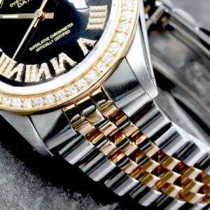 ROLEX 36MM DATEJUST TWO TONE SS AND 18KT YELLOW GOLD CUSTOM BLACK DIAMOND ROMAN DIAL AND CUSTOM LAB DIAMOND 2.00CTW  BEZEL