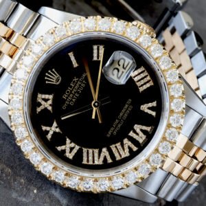 ROLEX 36MM DATEJUST TWO TONE SS AND 18KT YELLOW GOLD CUSTOM BLACK DIAMOND ROMAN DIAL AND CUSTOM LAB DIAMOND 2.00CTW  BEZEL