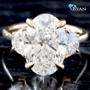 LAB RING GY 14K 5.70CTW OVAL SOLITAIRE WITH HALF MOON CUT DIAMONDS THREE STONE DESIGN
