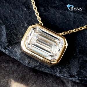 LAB PENDANT GY 14K 2.00CTW EMERALD CUT BEZEL SET SOLITAIRE ON ROLO CHAIN