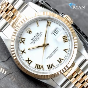 ROLEX 1991 36MM TWO-TONE ORIGINAL WHITE ROMAN DIAL 18K FLUTED BEZEL