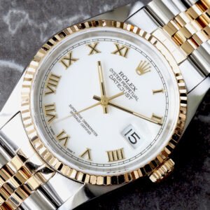 ROLEX 1991 36MM TWO-TONE ORIGINAL WHITE ROMAN DIAL 18K FLUTED BEZEL