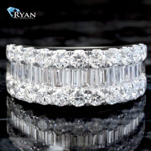 LAB RING GW 10K 2.00CTW THREE ROW BAND WITH BAGUETTE CUT CENTER & ROUND CUT EDGES