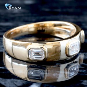 LAB RING GY 10K 1.00CTW HP BAND WITH THREE RAISED EAST WEST BEZEL SET EMERALD CUT SOLITAIRE DIAMONDS