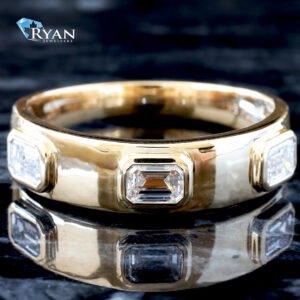 LAB RING GY 10K 1.00CTW HP BAND WITH THREE RAISED EAST WEST BEZEL SET EMERALD CUT SOLITAIRE DIAMONDS