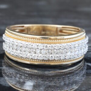 LAB RING GY 10K 0.70CTW THREE ROW CHANNEL AND PRONG SET DIAMOND FOREFRONT WITH BEADED MILLEDGE ACCENTS