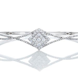 BANGLE GW 14K 1.00CTW RAISED DIAMOND SHAPED CLUSTER WITH HALO AND OPEN CROSS OVER SHOULDERS