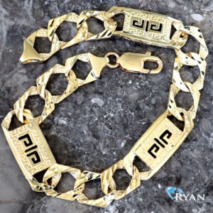 BRACELET GY 10K 9 INCH DC CASTING LINKS WITH GREEK KEY NUGGET BARS 11MM