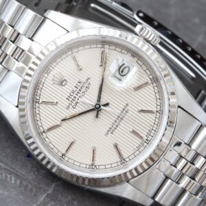 ROLEX DJ 36MM SILVER TAPESTRY DIAL FLUTED BEZEL JUBILEE BRACELET