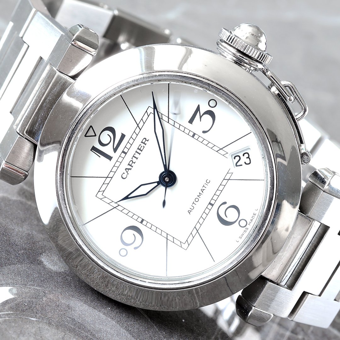 WATCH CARTIER 35MM PASHA C WHITE DIAL STEEL SMOOTH BEZEL & BRUSHED BRACELET