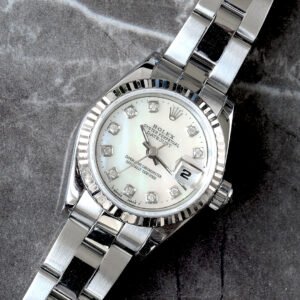 ROLEX 26MM CUSTOM WHITE MOP DIAMOND DIAL 18K FLUTED BEZEL OYSTER BRACELET DATEJUST