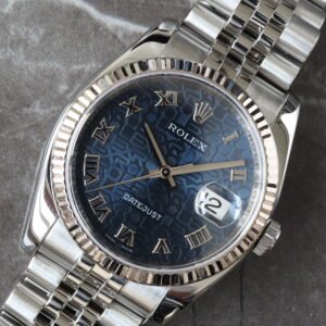 ROLEX 36MM ALL FACTORY BLUE ANNIVERSARY ROMAN DIAL 18K FLUTED BEZEL JUBILEE BRACELET DATEJUST