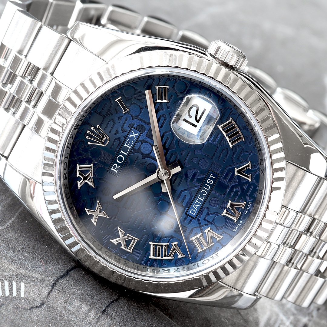 ROLEX 36MM ALL FACTORY BLUE ANNIVERSARY ROMAN DIAL 18K FLUTED BEZEL JUBILEE BRACELET DATEJUST