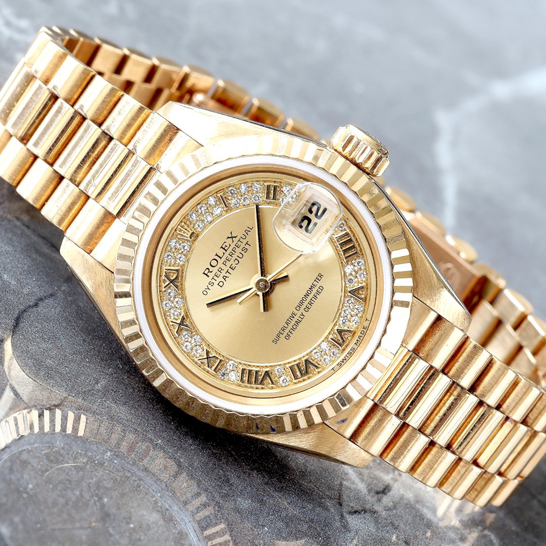 ROLEX 26MM ALL 18K CHAMPAGNE MYRIAD ROMAN DIAMOND DIAL FLUTED BEZEL JUBILEE BRACELET PRESIDENTIAL