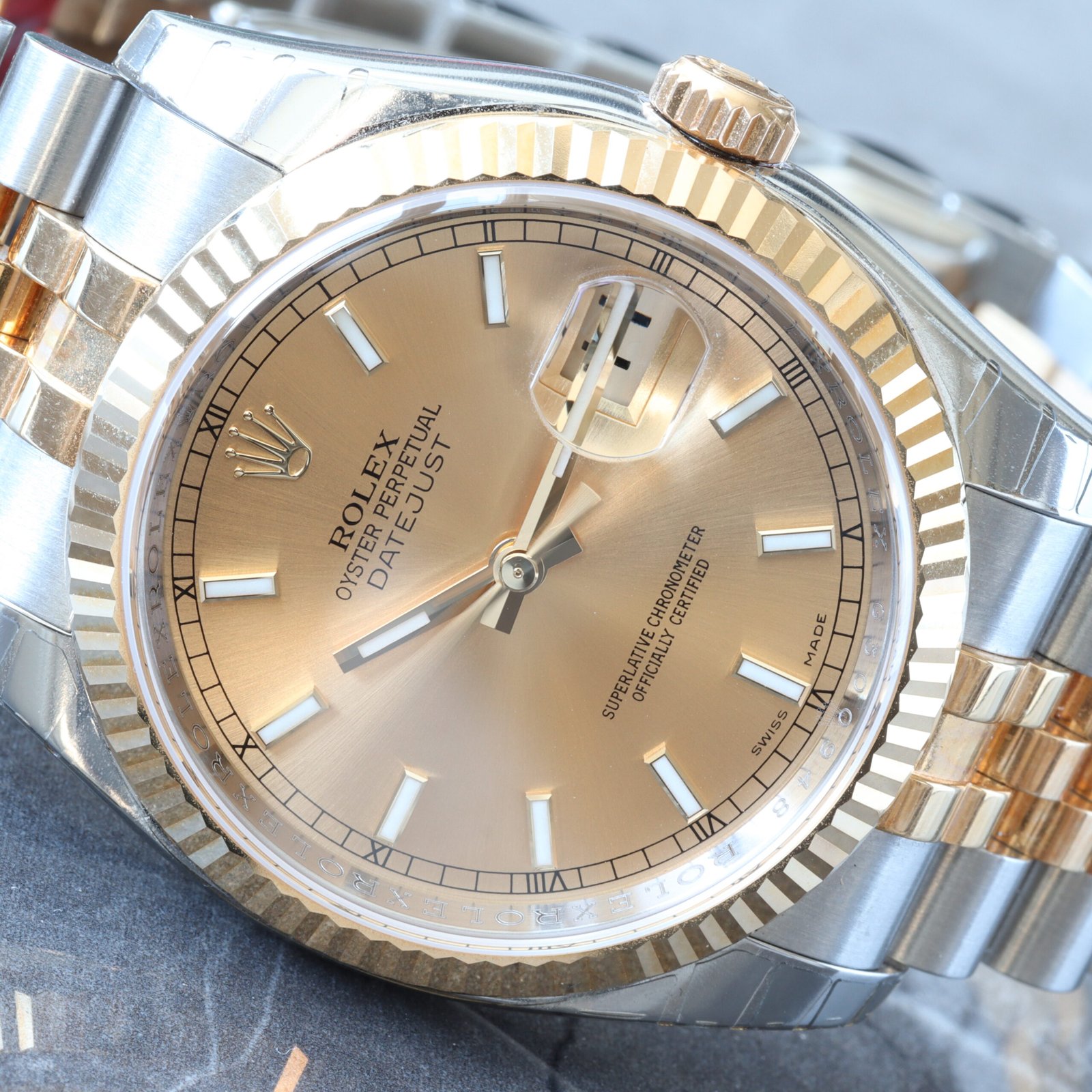 NOS ROLEX 36MM TWO-TONE CHAMPAGNE INDEX DIAL 18K FLUTED BEZEL JUBILEE BRACELET DATEJUST