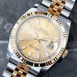 NOS ROLEX 36MM TWO-TONE CHAMPAGNE INDEX DIAL 18K FLUTED BEZEL JUBILEE BRACELET DATEJUST