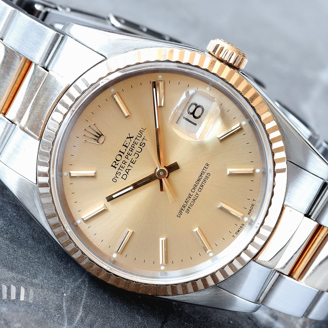 ROLEX 36MM TWO-TONE CHAMPAGNE GOLD INDEX DIAL 18K FLUTED BEZEL SMOOTH OYSTER BRACELET DATEJUST