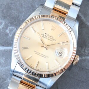 ROLEX 36MM TWO-TONE CHAMPAGNE GOLD INDEX DIAL 18K FLUTED BEZEL SMOOTH OYSTER BRACELET DATEJUST