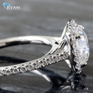 2.63ctw Round Diamond Solitaire with Pavé Cushion Halo and Upswept Pavé Shoulders Ring 14K White Gold