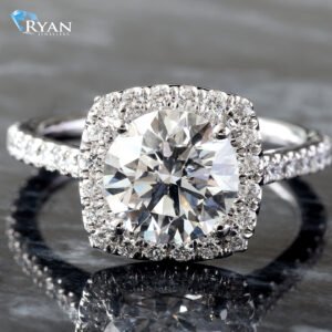 2.63ctw Round Diamond Solitaire with Pavé Cushion Halo and Upswept Pavé Shoulders Ring 14K White Gold