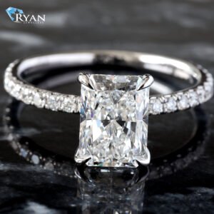 2.45ctw Radiant Diamond Solitaire Natural Diamond Pavé Shoulders with Hidden Diamond Halo Ring 18K White Gold