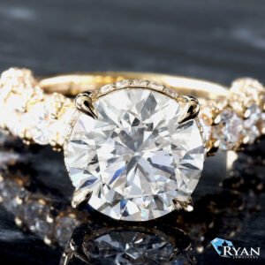 7.43ctw Round Diamond Solitaire with Round Cut Scallop Set Shoulders Pavé North and South and Hidden Halo Ring 14K Yellow Gold