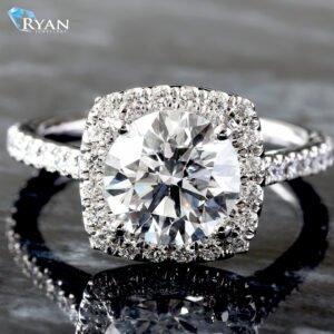 3.47ctw Elongated Cushion Solitaire with Halo Diamond Head and Shoulders Double Prong Ring 14K White Gold