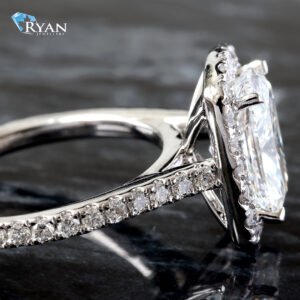 3.38ctw Elongated Cushion Solitaire with Halo Diamond Head and Pavé Shoulders Ring 14K White Gold
