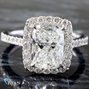 3.38ctw Elongated Cushion Solitaire with Halo Diamond Head and Pavé Shoulders Ring 14K White Gold