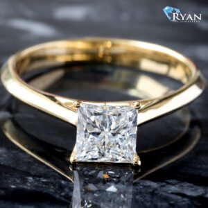 1.00ct Princess Diamond Solitaire Four Prong High Polished Cathedral Knife Edge Petal Basket Ring 10K Yellow Gold