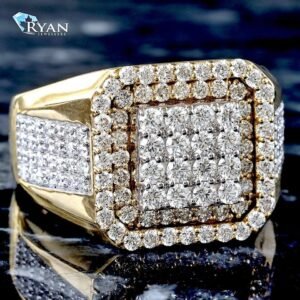 2.05CTW LAB Diamond Square Center W/ White Back Plate, 2 Row Halo W/ Diamond Sides, 10K Yellow Gold