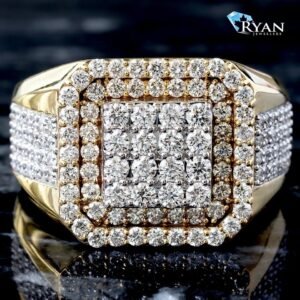 2.05CTW LAB Diamond Square Center W/ White Back Plate, 2 Row Halo W/ Diamond Sides, 10K Yellow Gold