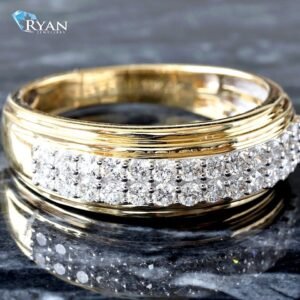 0.75CTW LAB Double Row 4 Prong Pave Band With High Polished Edges, 10K Yellow Gold