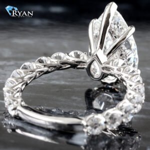 5.79ctw Pear Diamond Solitaire with Hidden Diamond Halo and Scallop Tight Shared Prong Shoulders Ring 18K White Gold