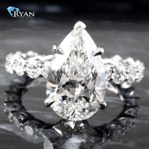 5.79ctw Pear Diamond Solitaire with Hidden Diamond Halo and Scallop Tight Shared Prong Shoulders Ring 18K White Gold