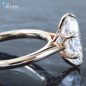 3.02ct Oval Diamond Solitaire Six Prong Flora Basket High Polished Upswept Cathedral Shoulders Ring 14K Yellow Gold