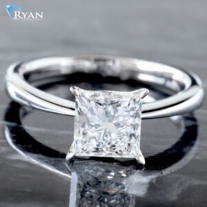 1.55ct Princess Diamond Solitaire Four Prong High Polished Tapered Shoulders Ring 14K White Gold