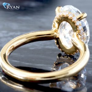 6.48ctw Ultra Low Oval Solitaire Hidden Halo High Polished Shoulders with Open Front Shared Prong 