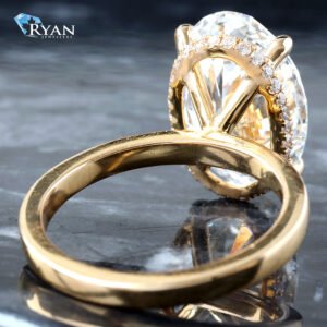 5.25ctw Oval Diamond Solitaire with Hidden Diamond Halo High Polished Shoulders Ring 18K Yellow Gold