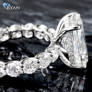 6.74ctw Elongated Cushion Center with Hidden Diamond Halo Large Round Scallop Shoulders Ring 14K White Gold